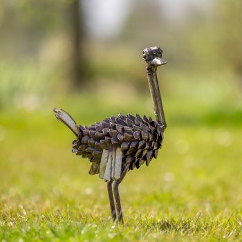Metalen tuinbeeld van een struisvogel, gemaakt door een Afrikaanse kunstenaar. 